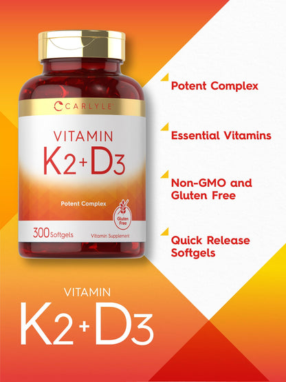 Carlyle Vitamin K2 D3 Supplement – 300 Softgels | 200 mcg K2 MK-7, 10,000 IU D3 | Non-GMO, Gluten Free