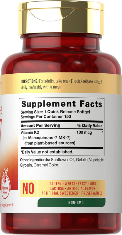 Carlyle Vitamin K2 MK7 100 mcg | 150 Softgels | Non-GMO, Gluten Free