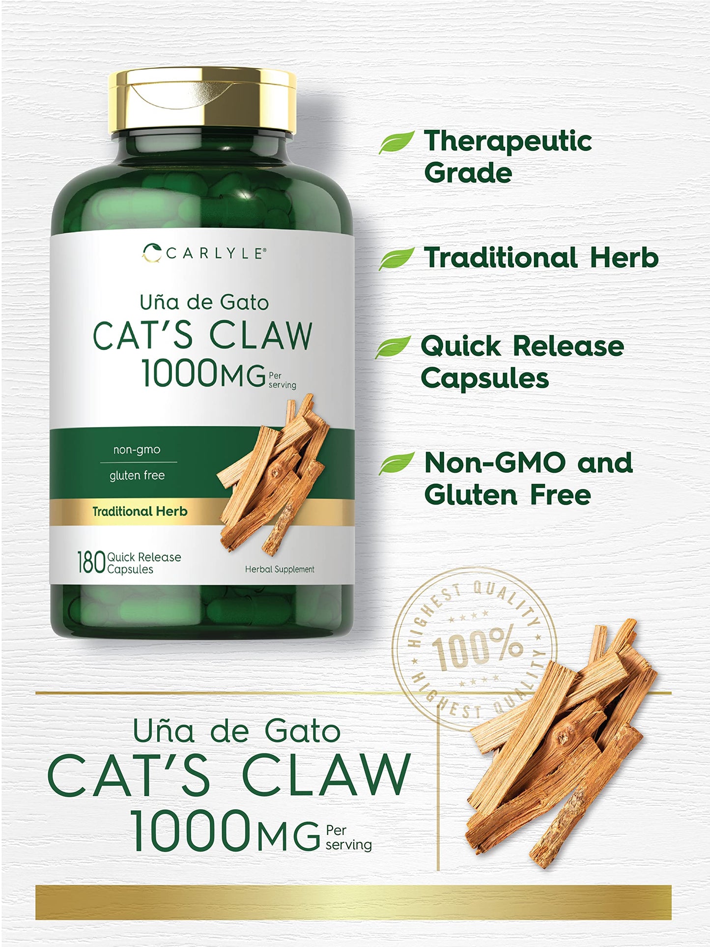 Carlyle Cat's Claw 1000mg Capsules - 180 Count | Uncaria Tomentosa | Non-GMO, Gluten Free