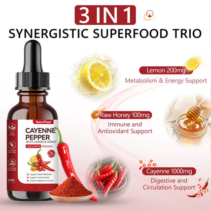 Cayenne Pepper Drops with Lemon & Honey – Vascu Flow with A, C & K2 | Heart Health | Vegan, Gluten-Free, Organic | 60 ml