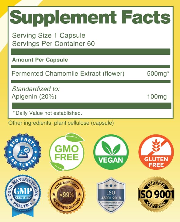 CellFend Apigenin | Fermented Chamomile Extract | 100 mg Apigenin per Capsule | 60 Vegan Capsules (500 mg)
