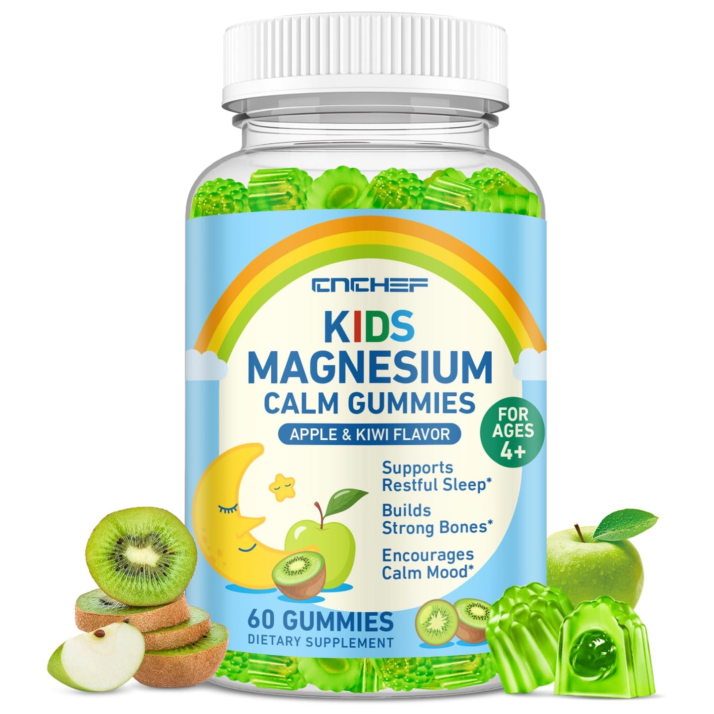 Center-Filled Magnesium Gummies for Kids 300MG - Magnesium Glycinate Gummies with L-theanine, Omega-3, Vitamin B6, D for Kids & Adults, Sleep, Calm & Muscle Relaxation - Apple & Kiwi