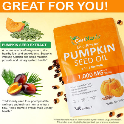 CFHQXSZ Pumpkin Seed Oil with Saw Palmetto Capsules — Cold Pressed, 300 Softgels for Prostate & Hair Health | Non-GMO, Soy Free, Gluten Free