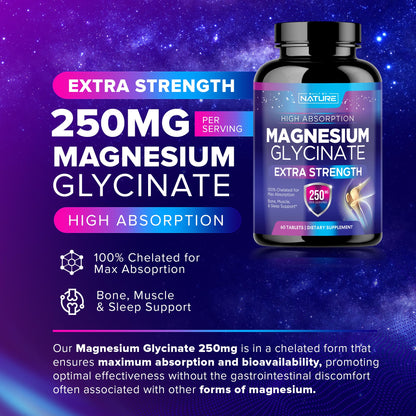 Magnesium Glycinate 250mg - High Absorption Chelated Magnesium Supplement for Stress, Sleep, Heart & Muscle Health - 100% Pure, Non-GMO, Vegan, Gluten-Free (60 Tablets)