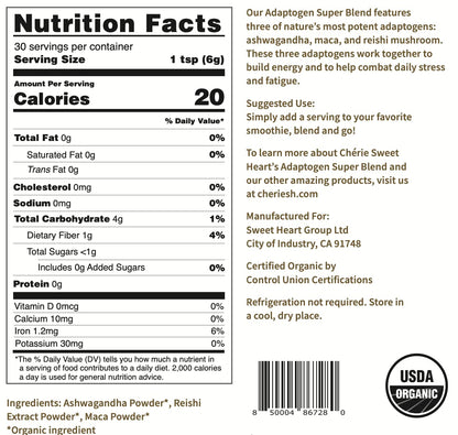 Cherie Sweet Heart Adaptogen Super Blend – Organic Maca, Reishi, Ashwagandha (6 oz)