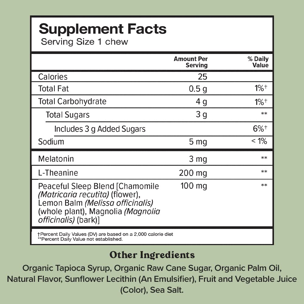 Chewsy Peaceful Sleep Chews - Sleep Support with 3 mg Melatonin, 200 mg L-Theanine, Chamomile & Lemon Balm | 6-Day Supply