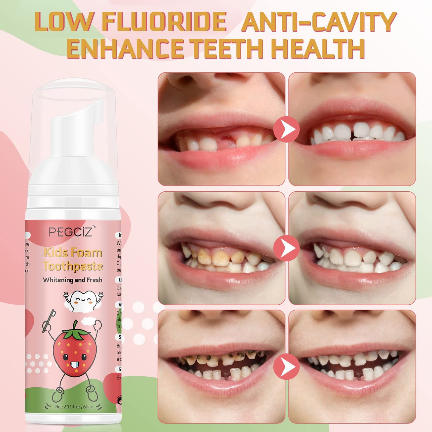 Foam Toothpaste Kids 2 Pack – Low Fluoride Toddler Toothpaste for U-Shaped Toothbrushes, Strawberry Flavor