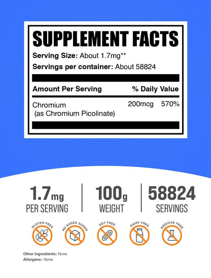 Chromium Picolinate Powder 200mcg - 100g | Gluten & Yeast Free | BulkSupplements