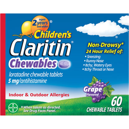 Children's Claritin Chewables Grape, 60 Count | 24 HR Non-Drowsy Allergy Medicine for Kids