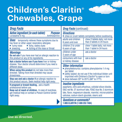 Children's Claritin Chewables Grape, 60 Count | 24 HR Non-Drowsy Allergy Medicine for Kids