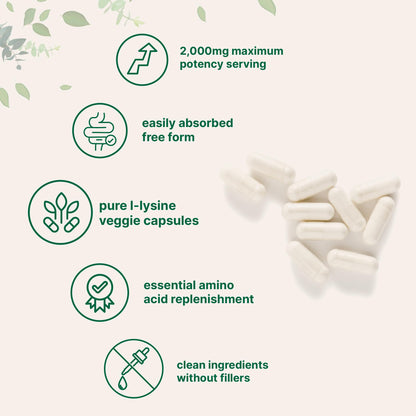 Pure L-Lysine 2,000mg | 300 Veggie Capsules | Maximum Potency, Free Form | Immune, Collagen & Lip Health
