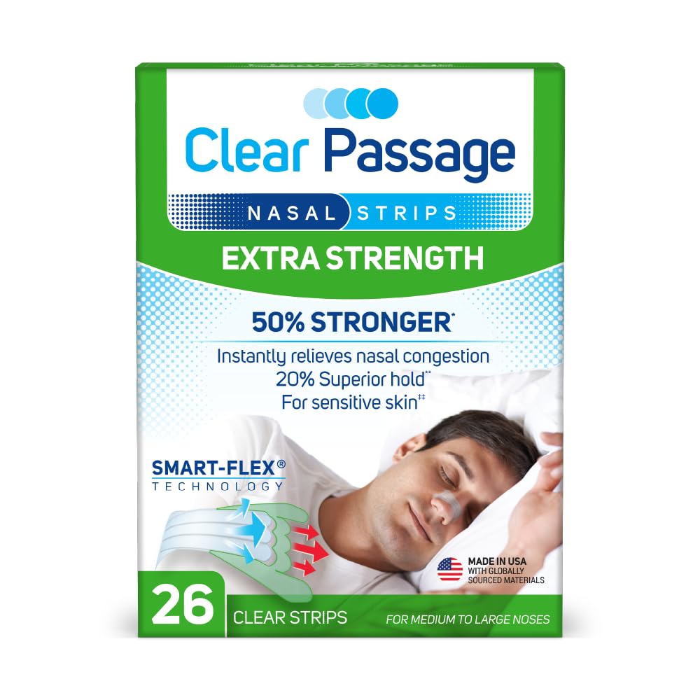 Clear Passage Nasal Strips Extra Strength – Instant Nasal Opening for Better Sleep, Reduced Snoring, and Congestion Relief (26 Strips per Pack)