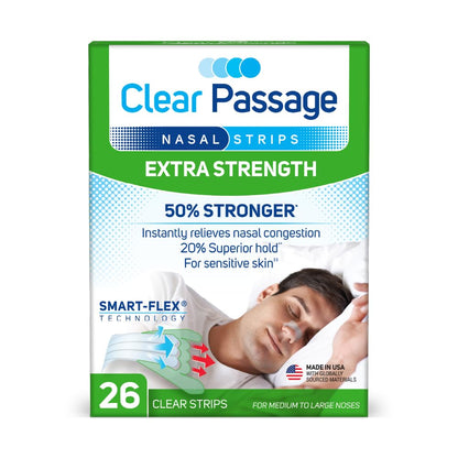 Clear Passage Nasal Strips Extra Strength – Instant Nasal Opening for Better Sleep, Reduced Snoring, and Congestion Relief (26 Strips per Pack)