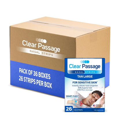 Clear Passage Nasal Strips, Large Tan — Instant Relief, Improve Sleep, 26 Count (Pack of 36)