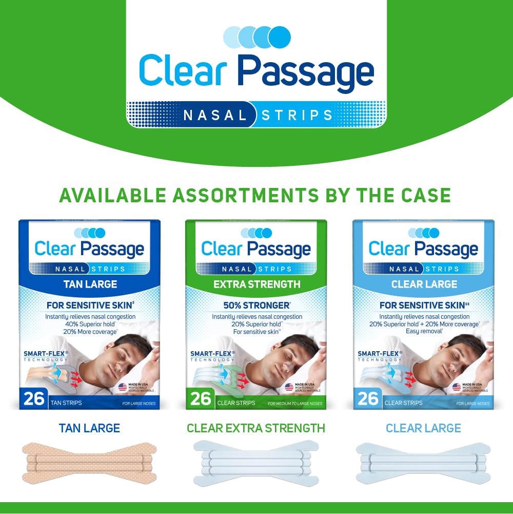 Clear Passage Nasal Strips Extra Strength – Instant Nasal Opening for Better Sleep, Reduced Snoring, and Congestion Relief (26 Strips per Pack)