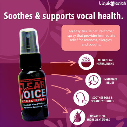 Clear Voice Vocal Throat Spray – Fast Acting Herbal Relief for Singers & Speakers – USA Made Strawberry Lemonade (3 Pack)