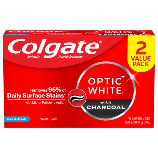 Colgate Optic White Charcoal Whitening Toothpaste 2 Pack (4.2 oz) – Enamel-Safe, Vegan, Cool Mint