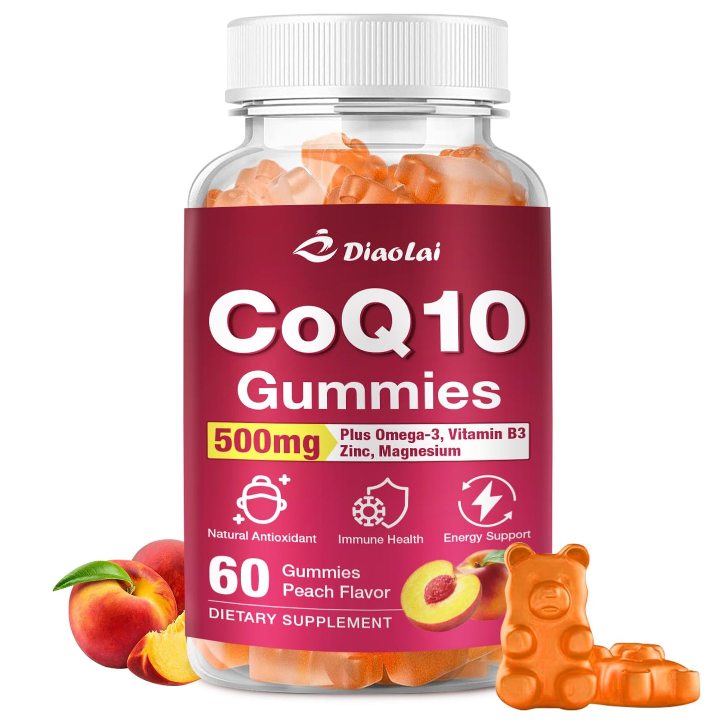 CoQ10 Gummies 500mg + Omega-3 EPA/DHA | Immune & Energy Support – Orange Flavor | Non-GMO, Gluten-Free | 60 Count