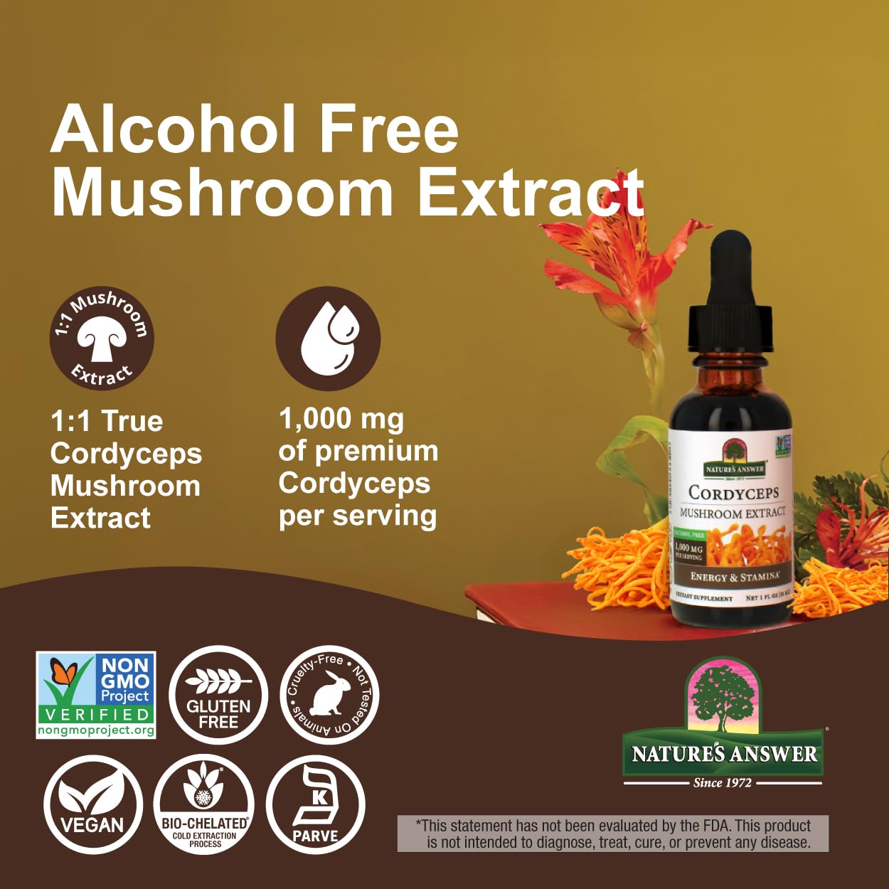 Cordyceps Mushroom Extract – Alcohol Free, 1 fl oz (30 ml) | 1,000 mg per Serving
