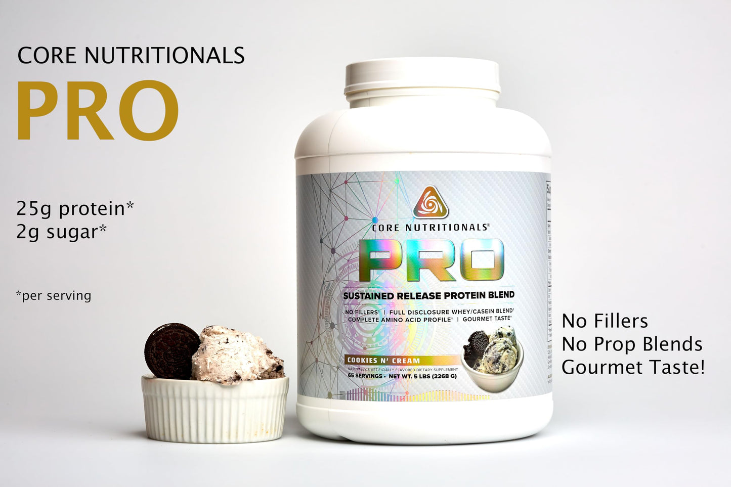 Core Nutritionals Pro Sustained Release Whey Protein Blend – Cookies N Cream, 25g Protein, 2g Carbs, Digestive Enzymes, 5 lb