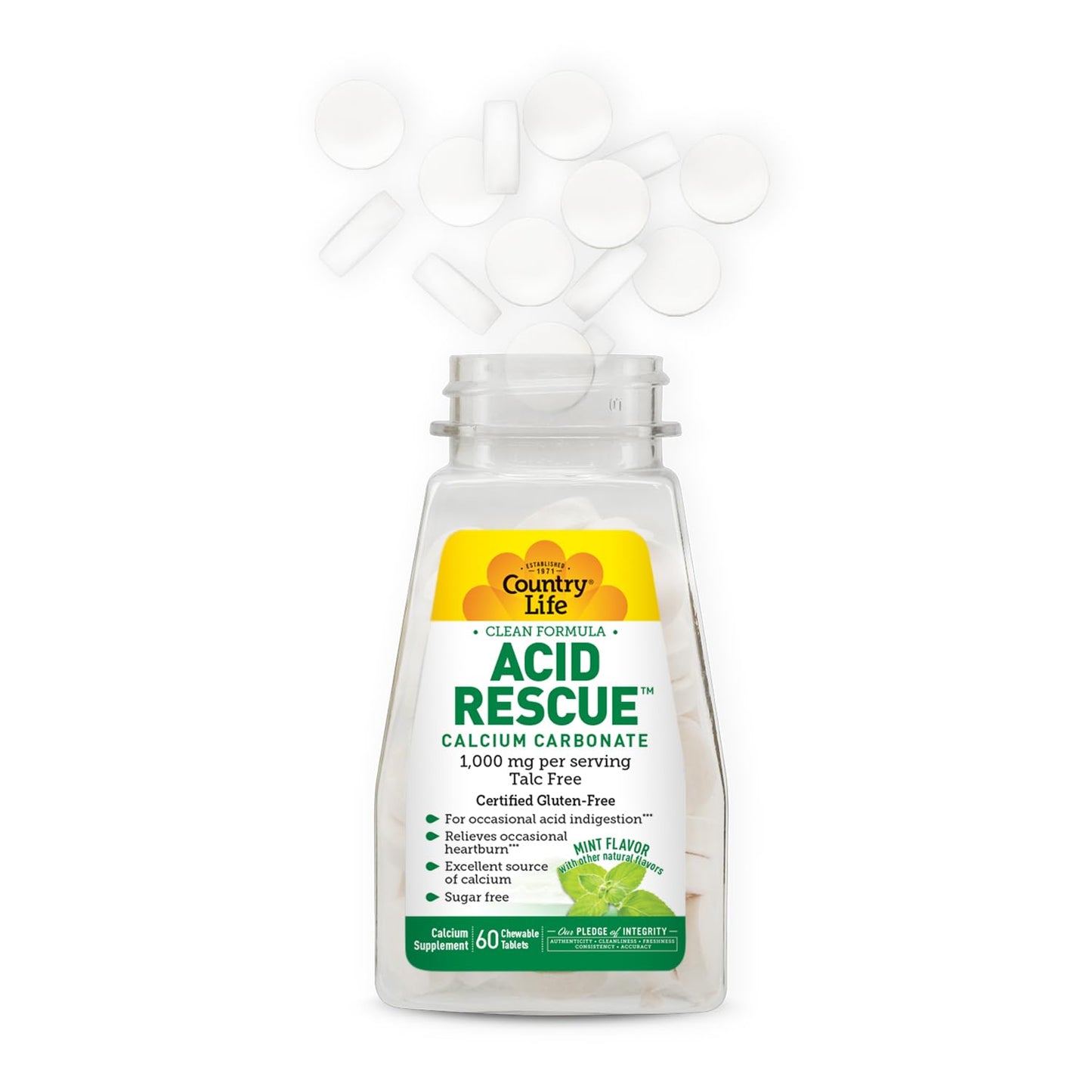 Country Life Acid Rescue Chewable Tablets – Certified Vegan & Gluten-Free Heartburn Relief, 400mg Calcium & Magnesium