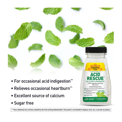 Country Life Acid Rescue Chewable Tablets – Certified Vegan & Gluten-Free Heartburn Relief, 400mg Calcium & Magnesium
