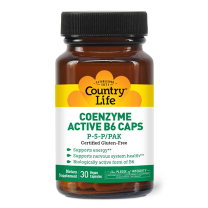 Country Life Coenzyme Active B-6, 50mg Vitamin B6-30 Vegetarian Capsules - Supports Energy, Nervous & Immune Systems - 25mg P-5-P Vitamin B6 - Certified Gluten Free, Vegan - No Artificial Additives