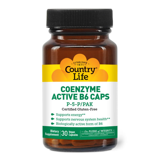 Country Life Coenzyme Active B-6، 50 ملجم فيتامين ب6 - 30 كبسولة نباتية - يدعم الطاقة والجهاز العصبي والمناعة - 25 ملجم P-5-P فيتامين ب6 - خالٍ من الغلوتين ومعتمد، نباتي - خالٍ من الإضافات الاصطناعية