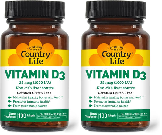 Country Life Vitamin D3 1000 IU كبسولات هلامية غير سمكية - خالية من الجلوتين (عبوة من 2)