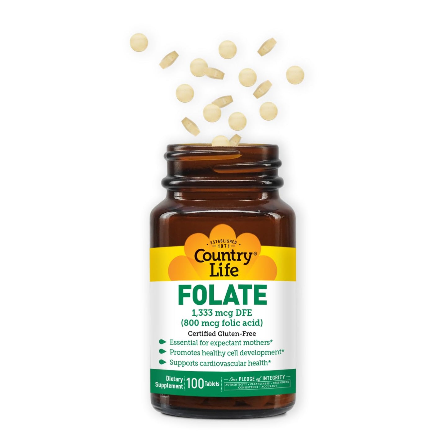 Country Life Folate 800 mcg Folic Acid – Prenatal Support, 100 Tabs, Gluten-Free