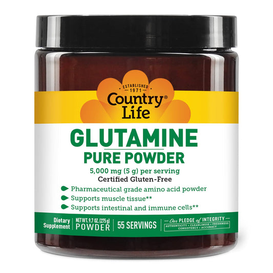 Country Life Glutamine مسحوق نقي 5000 ملغ – 55 حصة | خالٍ من الغلوتين ومعتمد من GFCO
