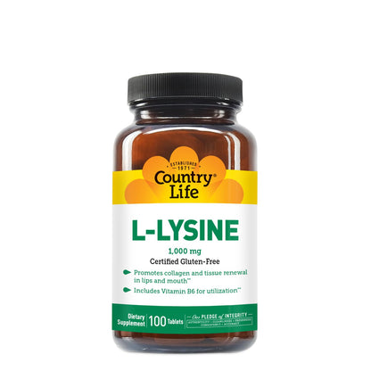 Country Life L-Lysine 1000mg with B-6 – Immune Support, Collagen Renewal, Vegan & Gluten Free (100 Count)