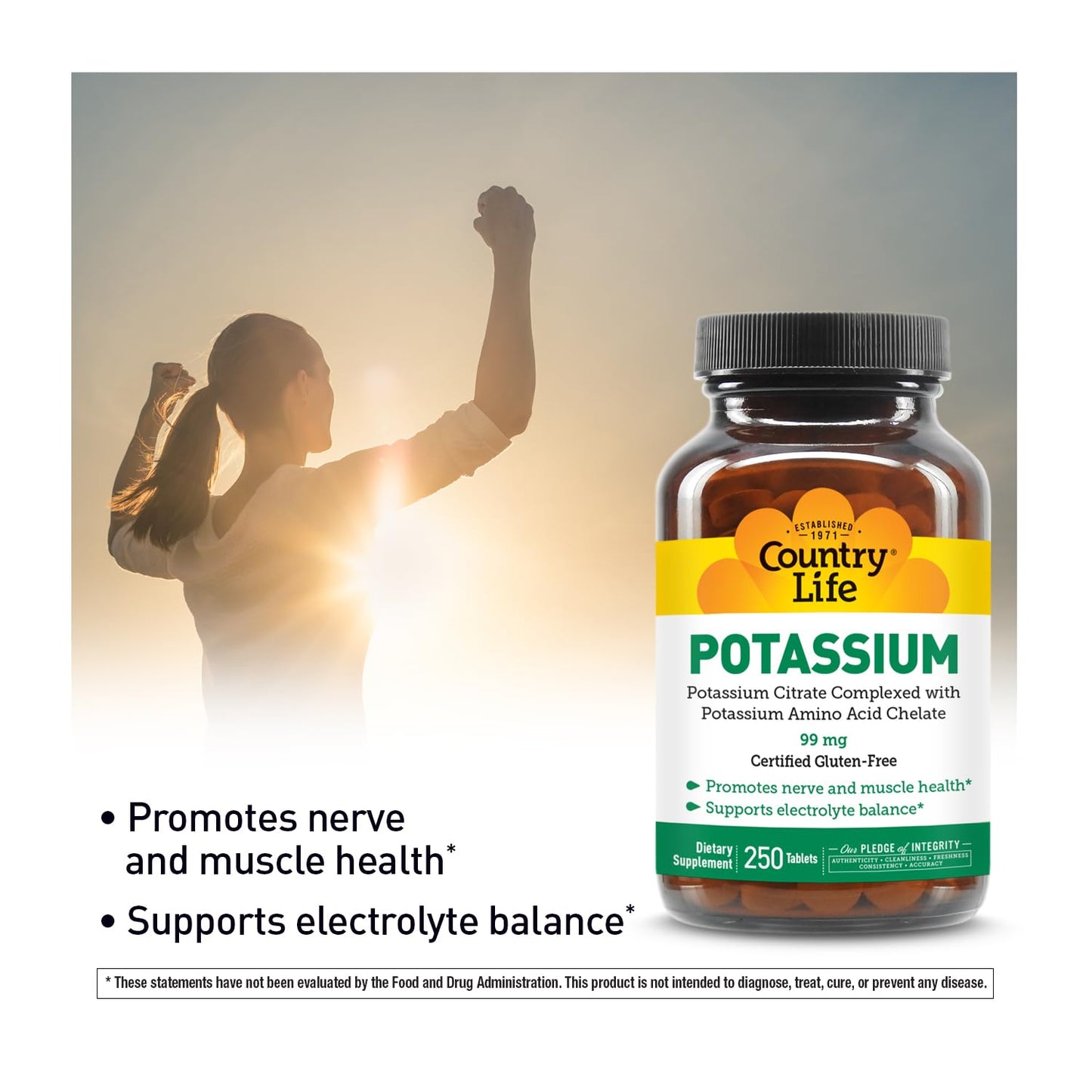 Country Life Potassium 99 mg Chelated Tablets - 250 Count | Gluten Free, Vegan, Kosher