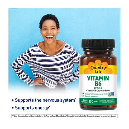 Country Life Vitamin B-6 100 mg – Energy & Nervous System Support, 100 Vegan Capsules