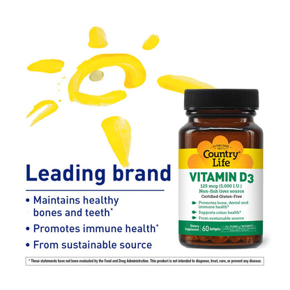 Country Life Vitamin D3 5000 IU – Supports Bones, Teeth & Immunity | 60 ct