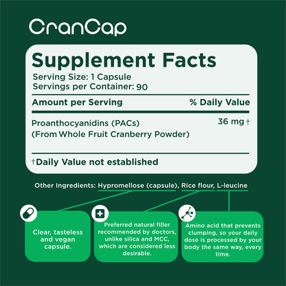CranCap Cranberry Pills – 90 Count, 36 mg PACs, UTI Support, Vegan & Non-GMO