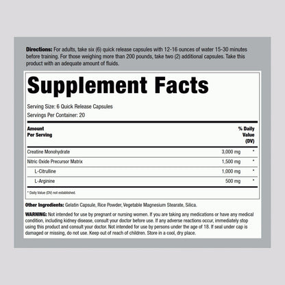 Fitness Labs Creatine Capsules | 120 Count, 3000mg Creatine Monohydrate, Pump & NO Precursor | HPLC Tested | Non-GMO