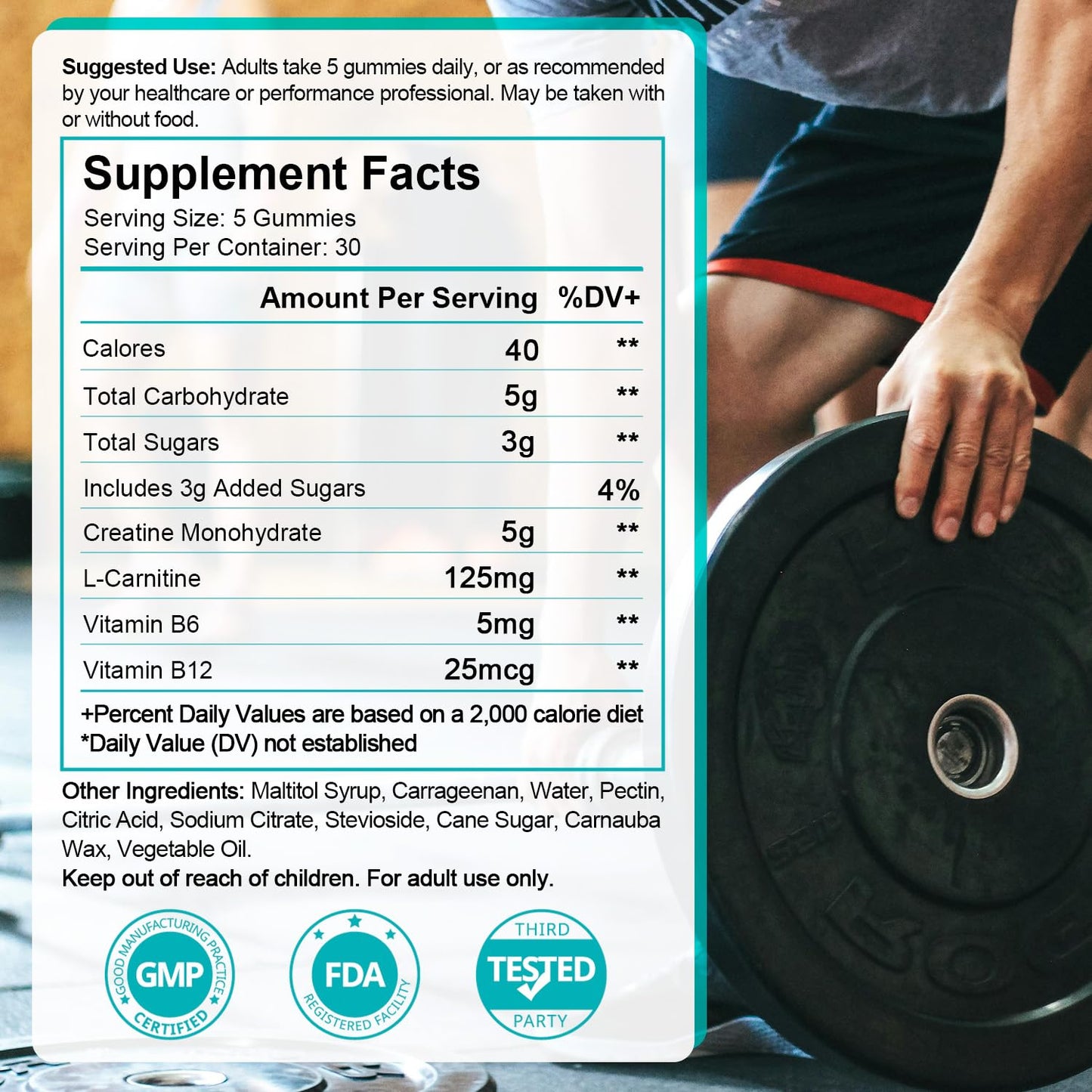 Creatine Monohydrate Gummies 5g – 150 Gummies (30 Servings) | Vegan, L-Carnitine, B6 & B12, Pre-Workout