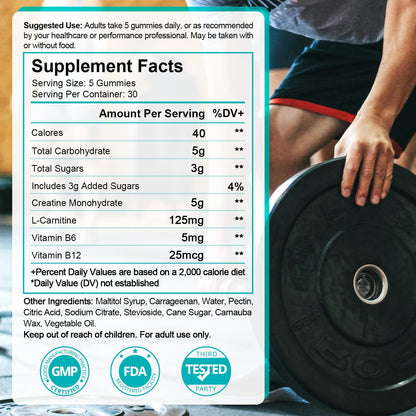 Creatine Monohydrate Gummies 5g – 150 Gummies (30 Servings) | Vegan, L-Carnitine, B6 & B12, Pre-Workout