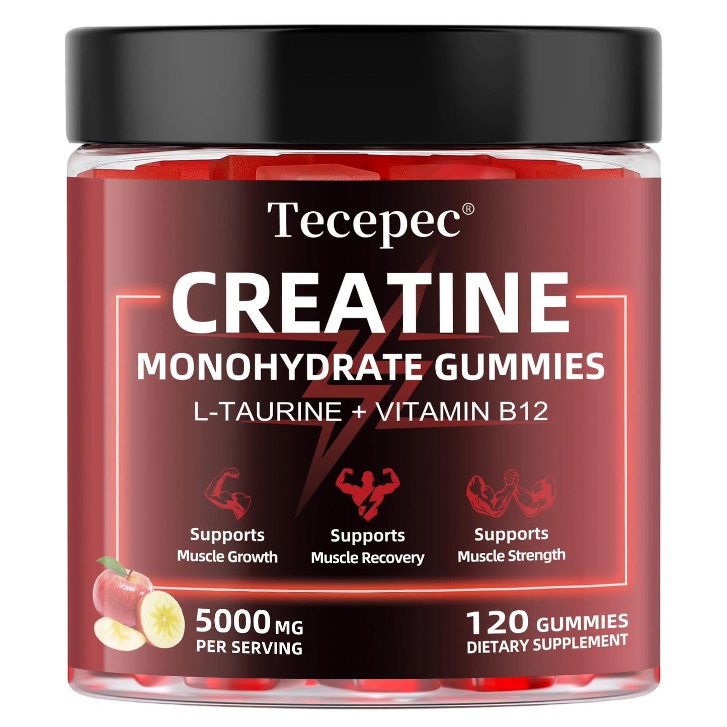 Creatine Monohydrate Gummies – 120 Count, 5000mg/Serving, L-Taurine & Vitamin B12 – Vegan Apple Flavor