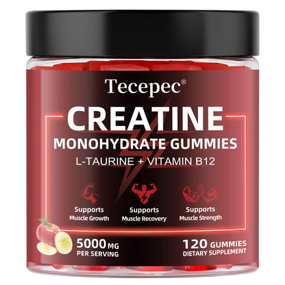 Creatine Monohydrate Gummies – 120 Count, 5000mg/Serving, L-Taurine & Vitamin B12 – Vegan Apple Flavor