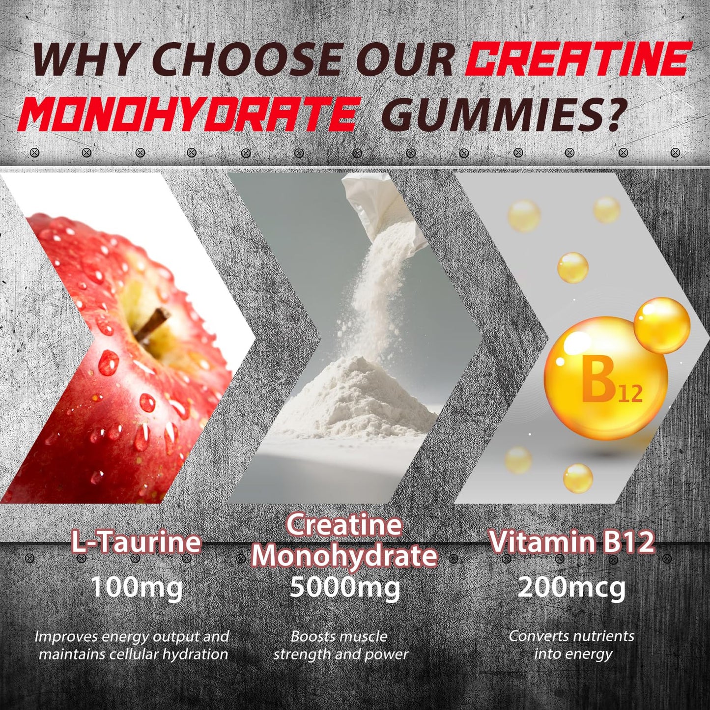 Creatine Monohydrate Gummies – 120 Count, 5000mg/Serving, L-Taurine & Vitamin B12 – Vegan Apple Flavor