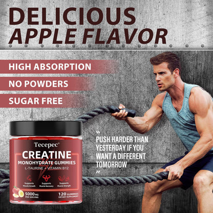 Creatine Monohydrate Gummies – 120 Count, 5000mg/Serving, L-Taurine & Vitamin B12 – Vegan Apple Flavor