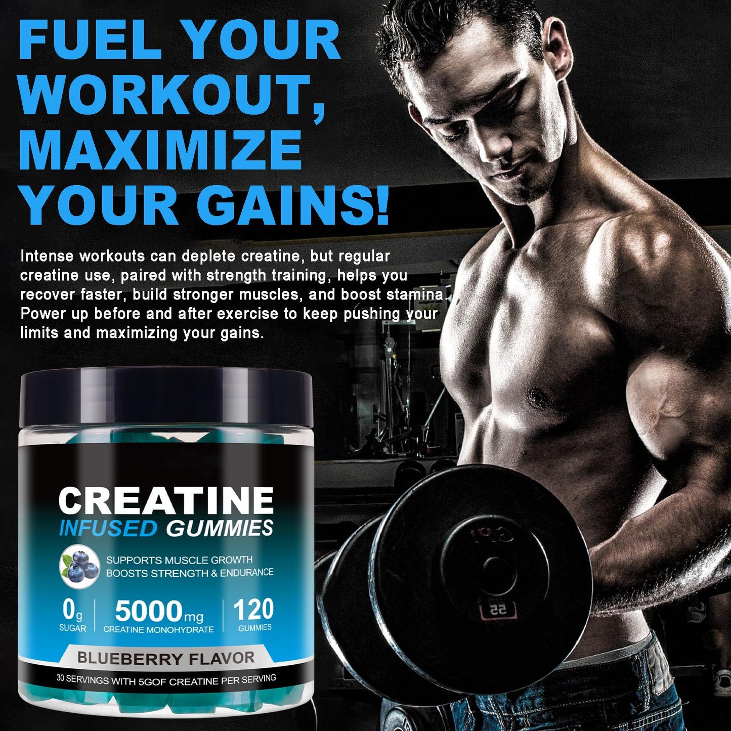Creatine Monohydrate Gummies 5000mg | 120 Sugar-Free Vegan Chews – Blueberry