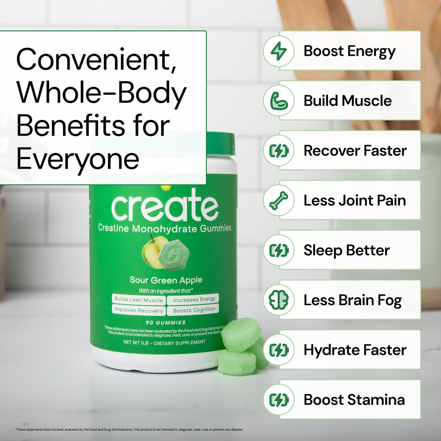 Create Creatine Monohydrate Gummies 1.5g – Vegan, Sour Green Apple
