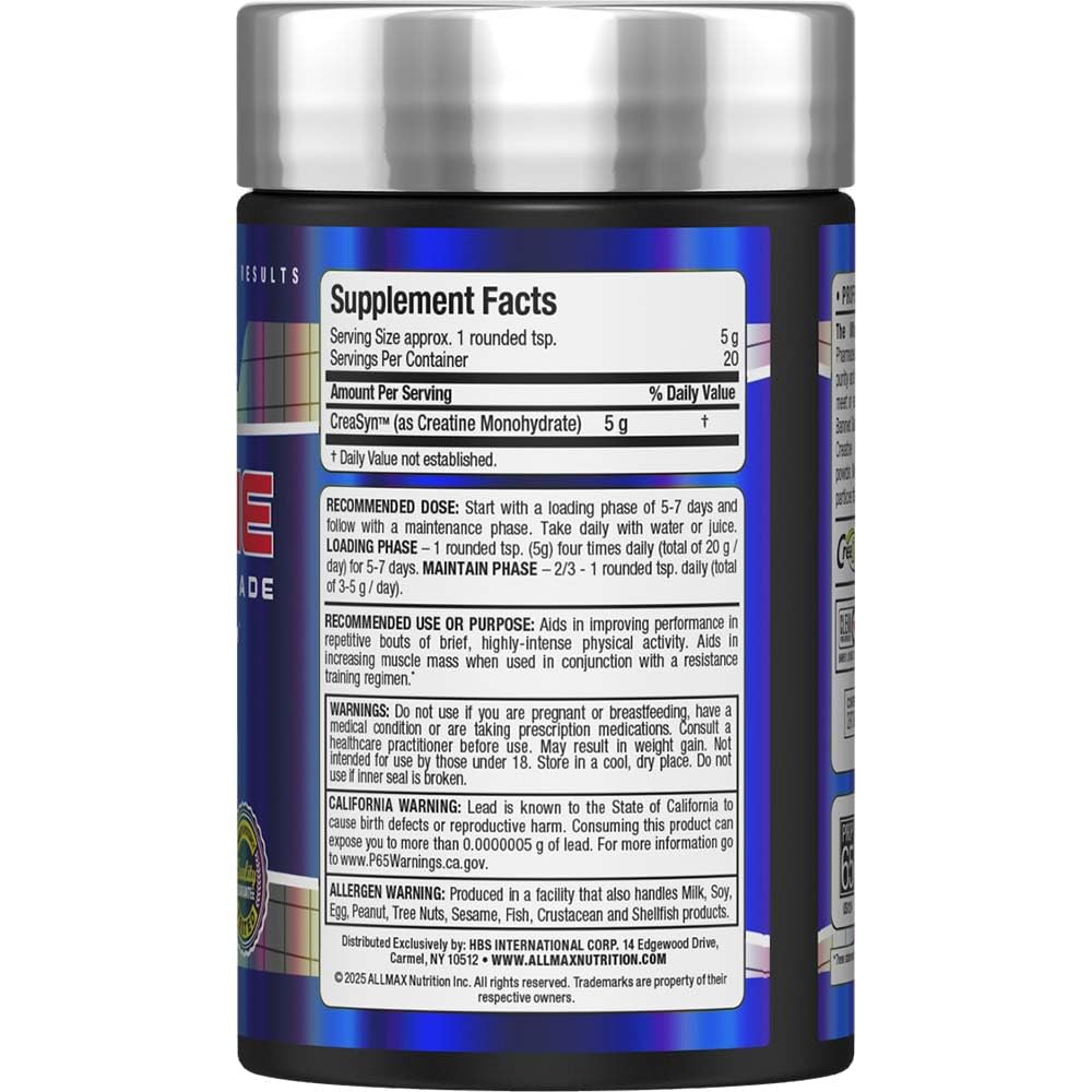 ALLMAX Essentials Creatine Monohydrate Powder - Gluten Free, Micronized 100g (20 Servings)