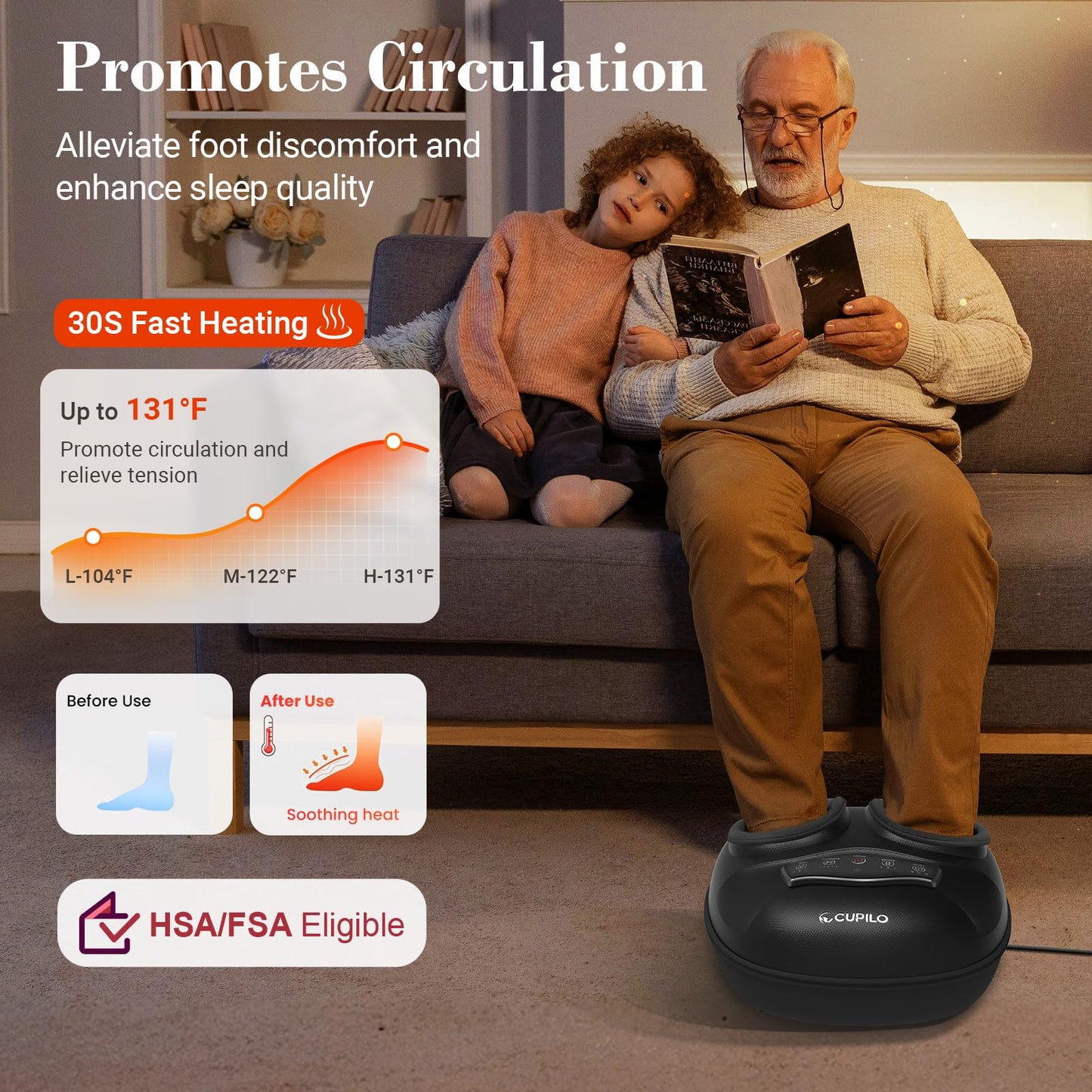 CuPiLo FSA/HSA Foot Massager with Heat & Remote – Shiatsu, 5 Compression Levels