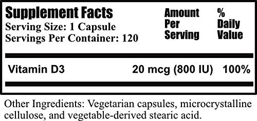 Daily Manufacturing Vitamin D3 800 IU (20 mcg) – Non-GMO, Gluten Free, Kosher – 120 Veg Capsules