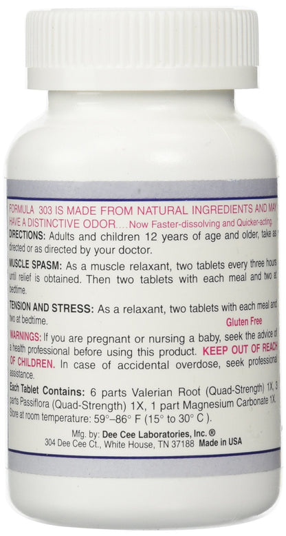 Dee Cee Laboratories Formula 303 Maximum Strength All-Natural Relaxant Tablets (250 Count) – Magnesium, Valerian Root, Passion Flower