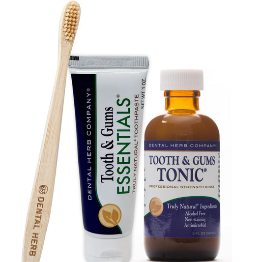 مجموعة أدوات السفر من Dental Herb Company: غسول الفم تونيك ومعجون الأسنان إسينشالز | رائحة الفم الكريهة وصحة اللثة